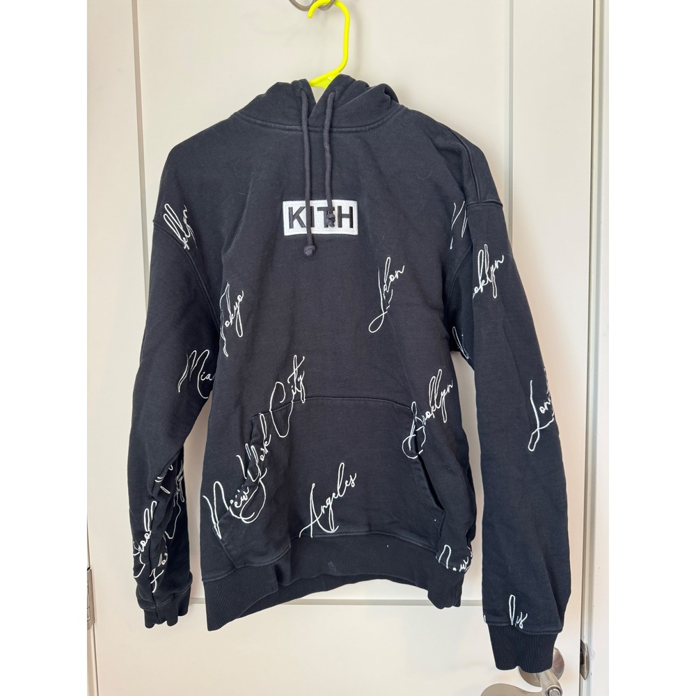 Kith Mens City Script Hoodie Black Embroidered Box Logo Sweatshirt Small